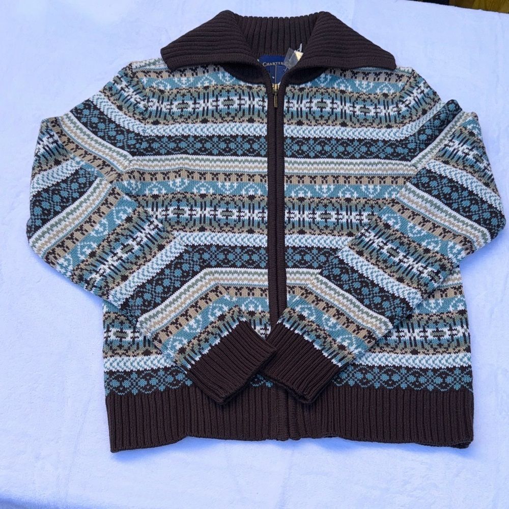 Vintage Charter Club Cotton Fair Isle Zip Up Cardigan Size Small Petite